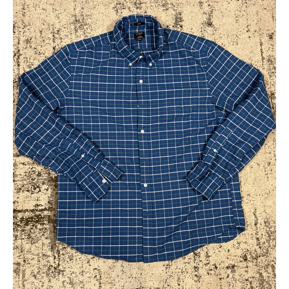 J Crew Flex Oxford Shirt Mens XL Blue Plaid Slim Button Down‎ Stretch FA22